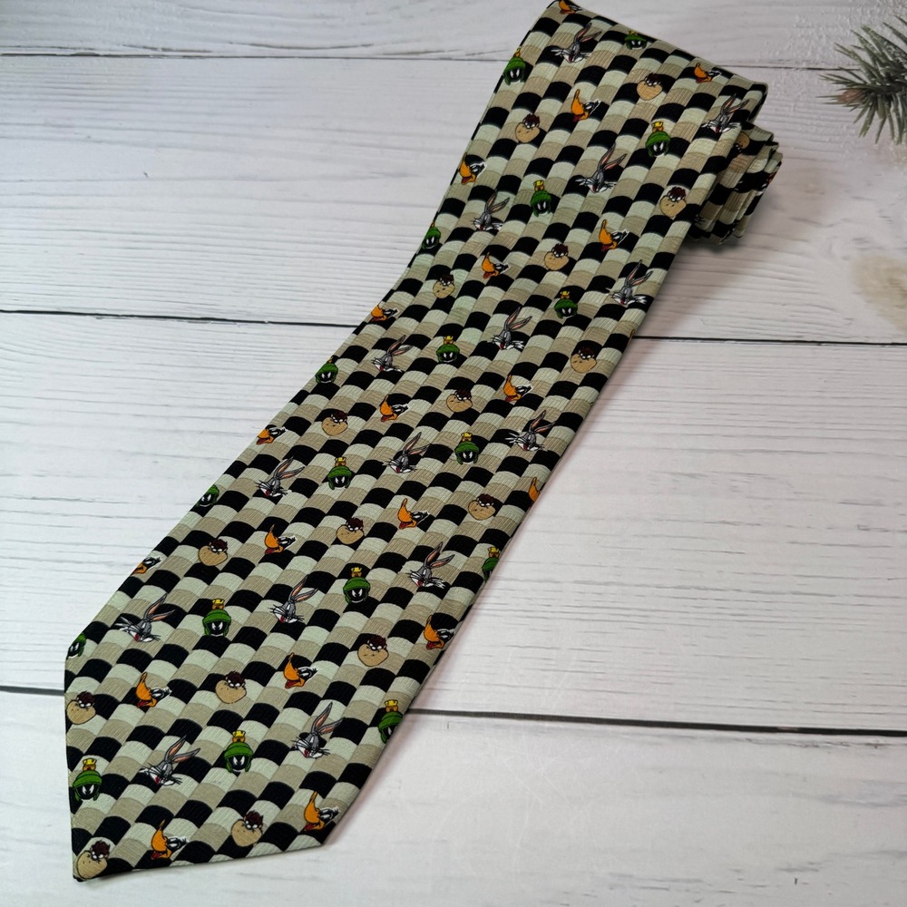 VTG Looney Tunes Mania Tie Mens Green Bugs Bunny Daffy Duck 90s Cartoon Retro